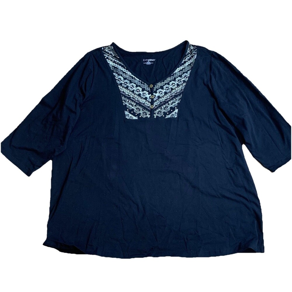 Catherine’s Knit Top 1X Black 3/4 Sleeve Embellished V-Neck Tunic